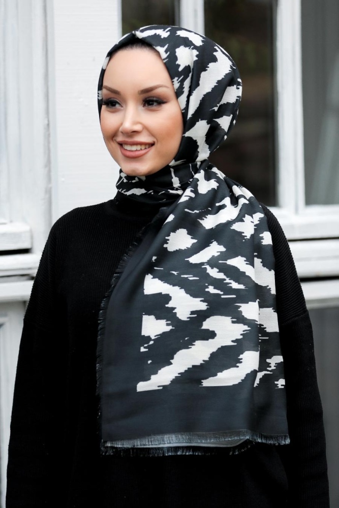 Neva Style - Desenli Siyah Şal 7567S - 1