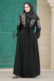 Neva Style - Desenli Siyah Tesettür Abaya 90701S - Thumbnail