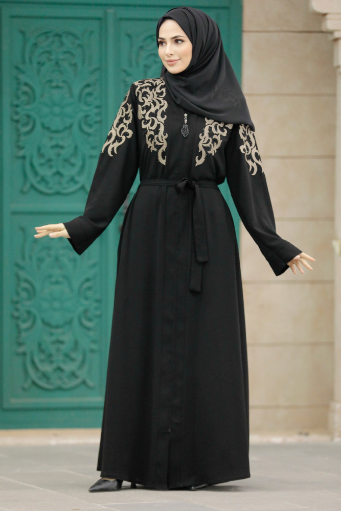  Desenli Siyah Tesettür Abaya 90701S - 1