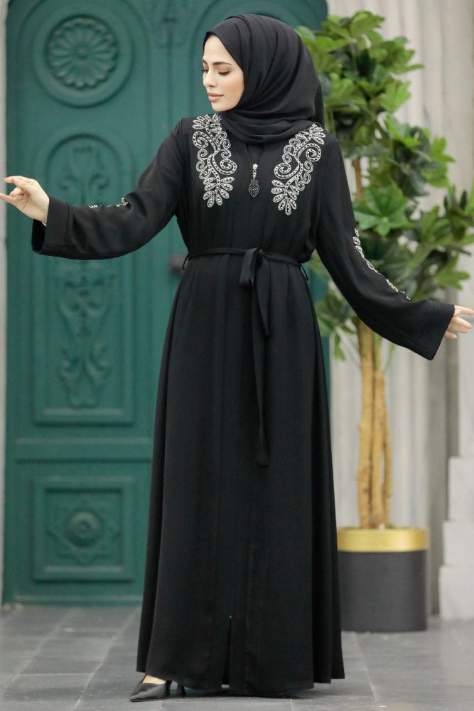  Desenli Siyah Tesettür Abaya 90901S - 3