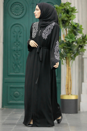  Desenli Siyah Tesettür Abaya 90901S - 2