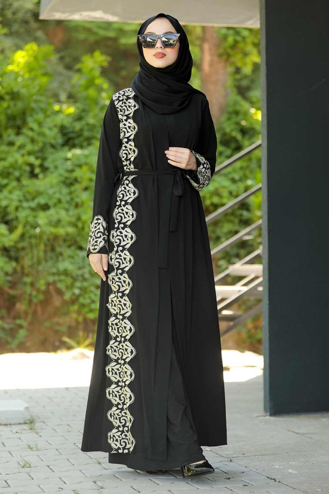  Desenli Siyah Tesettür Abaya 9214S - 1