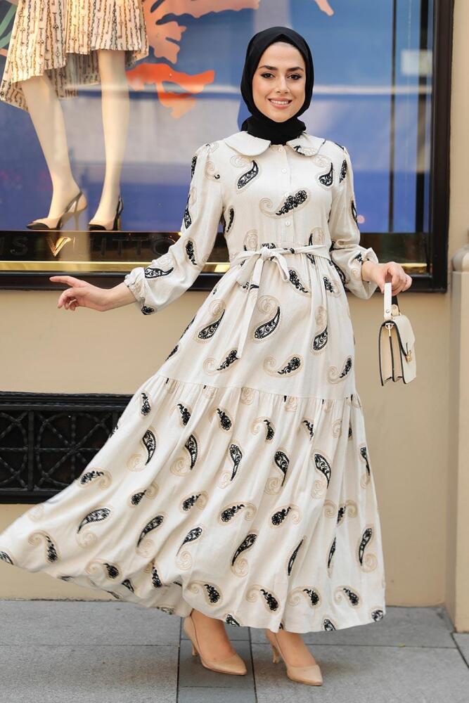 Neva Style - Desenli Siyah Tesettür Elbise 10302S - 1