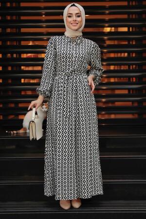 Neva Style - Desenli Siyah Tesettür Elbise 10316S - 1