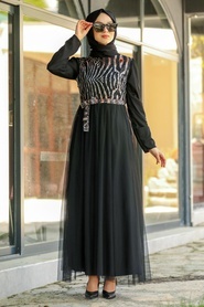 Neva Style - Desenli Siyah Tesettür Elbise 1101S - Thumbnail
