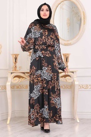 Neva Style - Desenli Siyah Tesettür Elbise 11075S - Thumbnail
