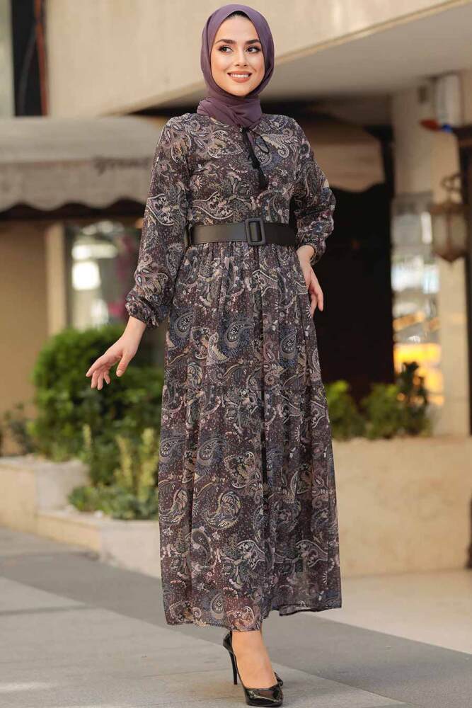 Neva Style - Desenli Siyah Tesettür Elbise 11740S - NEVA STYLE