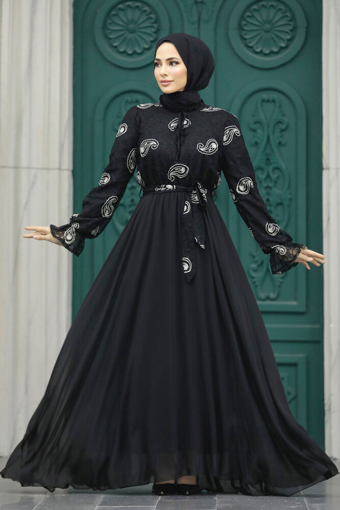 Neva Style - Desenli Siyah Tesettür Elbise 12170S - 1