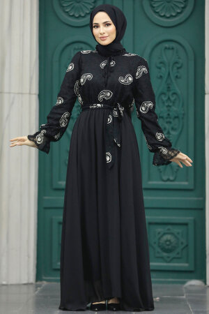 Neva Style - Desenli Siyah Tesettür Elbise 12170S - 3