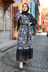 Neva Style - Desenli Siyah Tesettür Elbise 12328S - Thumbnail