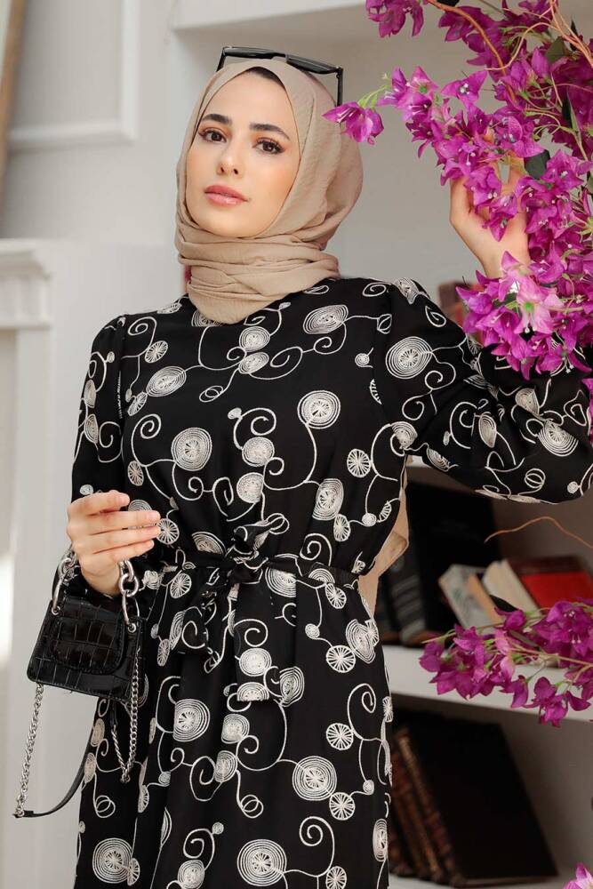 Neva Style - Desenli Siyah Tesettür Elbise 13311S - 5