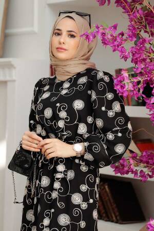 Neva Style - Desenli Siyah Tesettür Elbise 13311S - 6