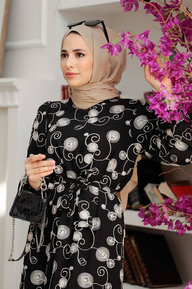 Neva Style - Desenli Siyah Tesettür Elbise 13311S - 7
