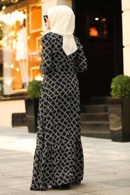 Neva Style - Desenli Siyah Tesettür Elbise 13501S - Thumbnail