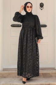  Neva Style - Desenli Siyah Tesettür Elbise 1388S - Thumbnail