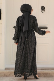  Neva Style - Desenli Siyah Tesettür Elbise 1388S - Thumbnail