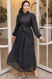 Neva Style - Desenli Siyah Tesettür Elbise 14012S - Thumbnail