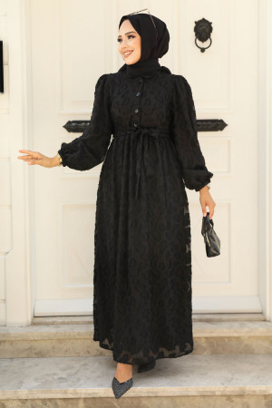Neva Style - Desenli Siyah Tesettür Elbise 14012S - 1