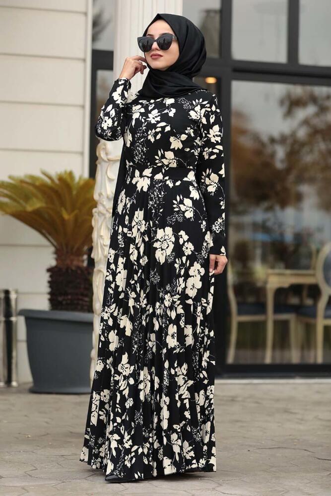Neva Style - Desenli Siyah Tesettür Elbise 14510S - 1