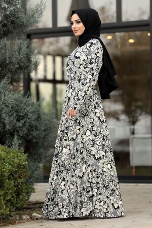Neva Style - Desenli Siyah Tesettür Elbise 14511S - 1