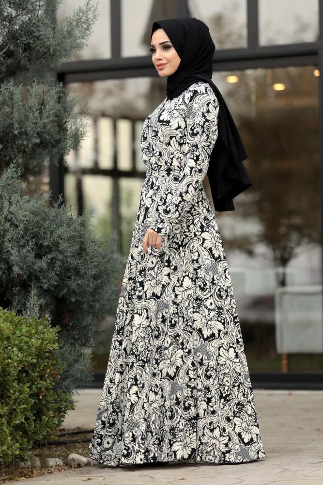 Neva Style - Desenli Siyah Tesettür Elbise 14511S - 1