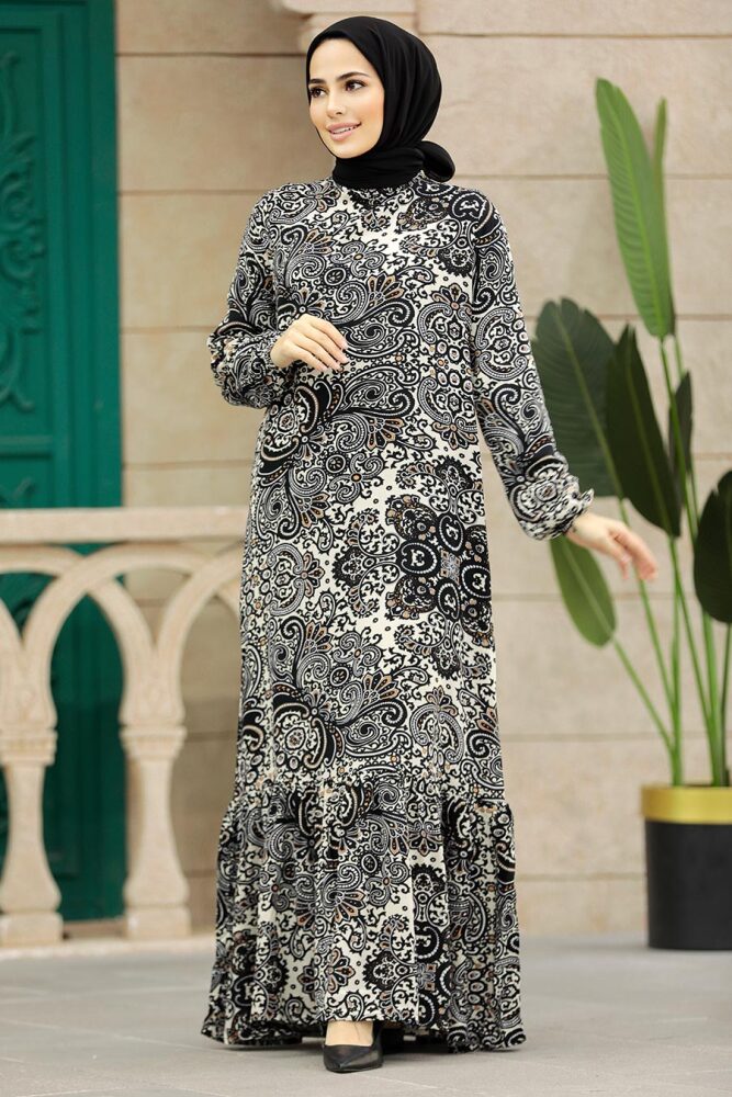 Neva Style - Desenli Siyah Tesettür Elbise 15714S - 1