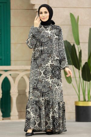 Neva Style - Desenli Siyah Tesettür Elbise 15714S - 2