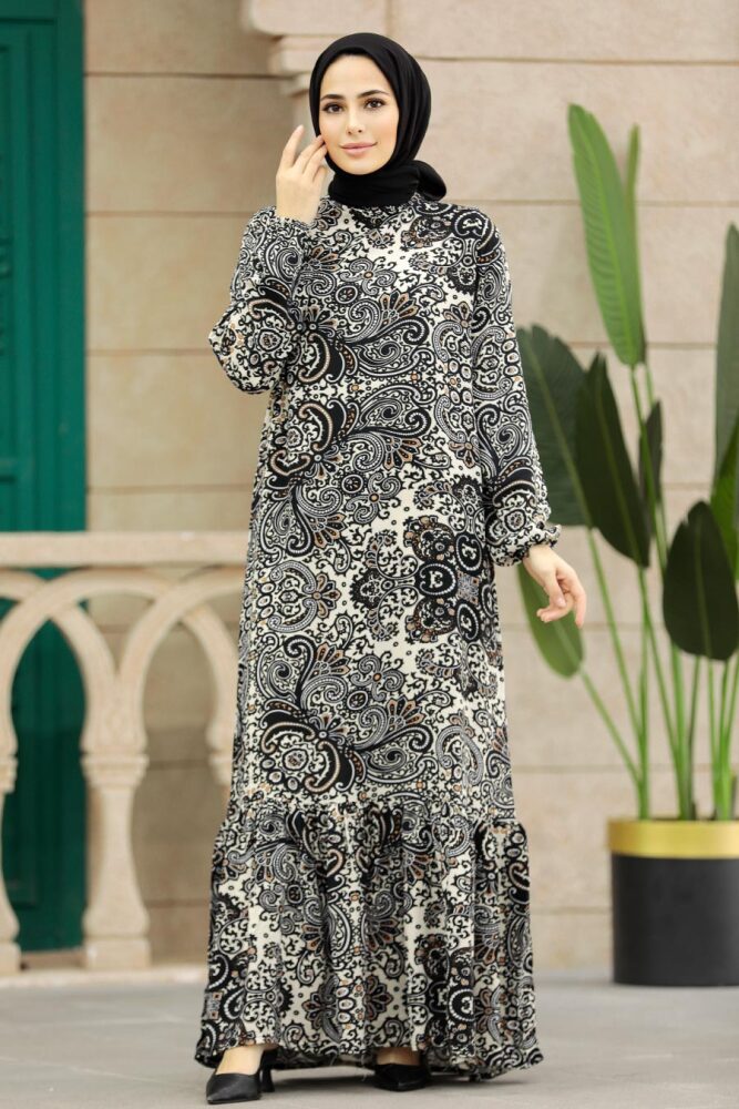 Neva Style - Desenli Siyah Tesettür Elbise 15714S - 2