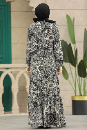 Neva Style - Desenli Siyah Tesettür Elbise 15714S - 3