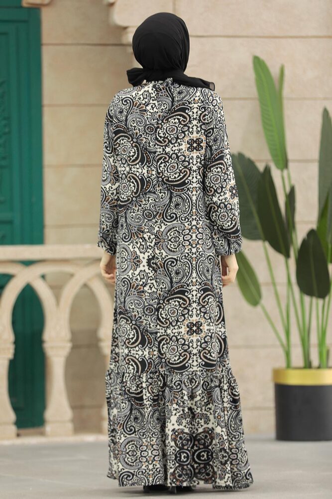 Neva Style - Desenli Siyah Tesettür Elbise 15714S - 3