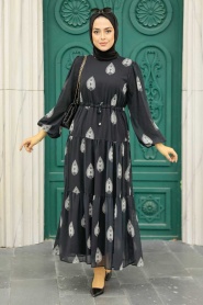 Neva Style - Desenli Siyah Tesettür Elbise 16142S - Thumbnail