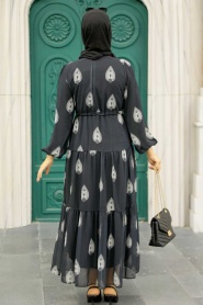 Neva Style - Desenli Siyah Tesettür Elbise 16142S - Thumbnail