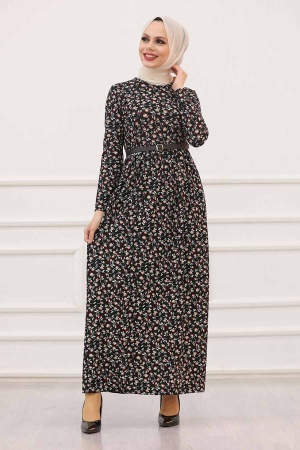Neva Style - Desenli Siyah Tesettür Elbise 163904S - 1