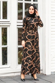 Neva Style - Desenli Siyah Tesettür Elbise 16832S - Thumbnail