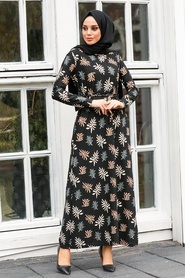 Neva Style - Desenli Siyah Tesettür Elbise 16835S - Thumbnail