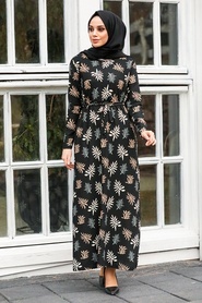 Neva Style - Desenli Siyah Tesettür Elbise 16835S - Thumbnail