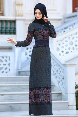 Neva Style - Desenli Siyah Tesettür Elbise 2039S - 1