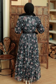 Neva Style - Desenli Siyah Tesettür Elbise 22050S - Thumbnail