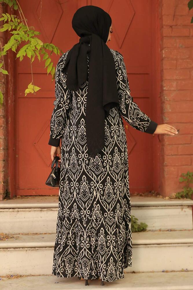 Neva Style - Desenli Siyah Tesettür Elbise 2297S - 3