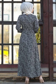 Neva Style - Desenli Siyah Tesettür Elbise 27613S - Thumbnail