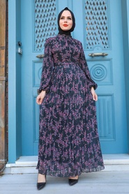 Neva Style - Desenli Siyah Tesettür Elbise 27890S - Thumbnail