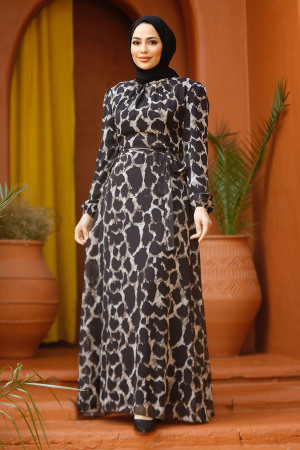 Neva Style - Desenli Siyah Tesettür Elbise 27931S - 3