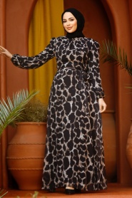 Neva Style - Desenli Siyah Tesettür Elbise 27931S - Thumbnail