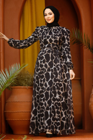 Neva Style - Desenli Siyah Tesettür Elbise 27931S - 1
