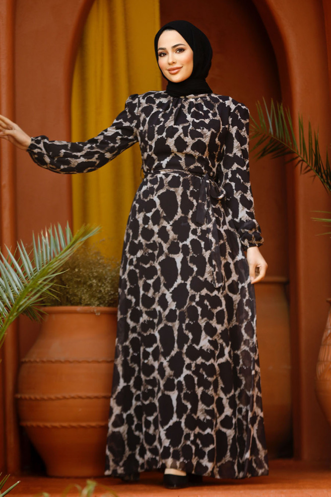 Neva Style - Desenli Siyah Tesettür Elbise 27931S - 1