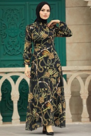 Neva Style - Desenli Siyah Tesettür Elbise 27933S - Thumbnail