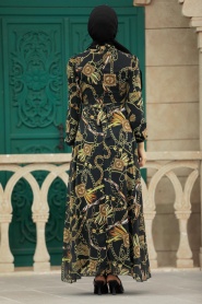 Neva Style - Desenli Siyah Tesettür Elbise 27933S - Thumbnail