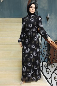 Neva Style - Desenli Siyah Tesettür Elbise 27945S - Thumbnail