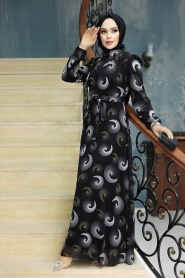 Neva Style - Desenli Siyah Tesettür Elbise 27945S - Thumbnail