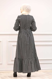 Neva Style - Desenli Siyah Tesettür Elbise 28480S - Thumbnail